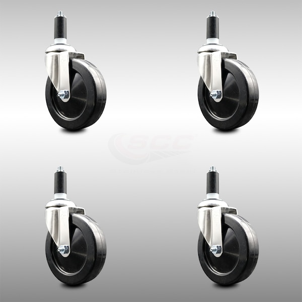 5 Inch 316SS Soft Rubber Wheel Swivel 1-3/8 Inch Expanding Stem Caster Set SCC